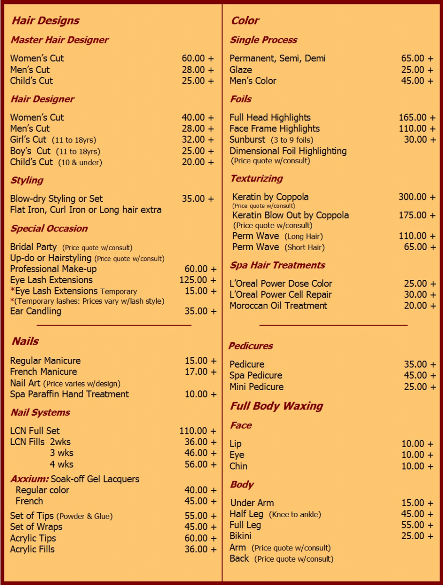 price menu